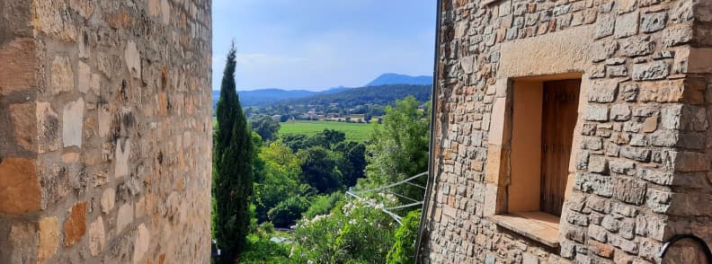 View from Carces Castle Area Overlooking Provence Verte Countryside View from the Carcès castle area between stone village walls overlooking the Provence Verte countryside