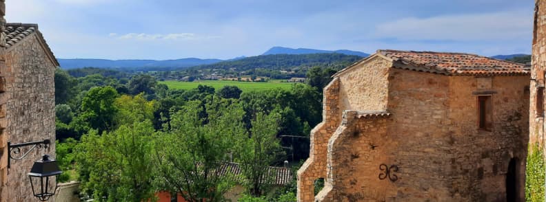 Panoramic view from Carcès medieval village overlooking vineyards and hills in Provence Verte
