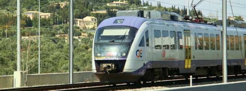 Modern Hellenic Train on the Athens rail line showing routes connections and rail service in Greece