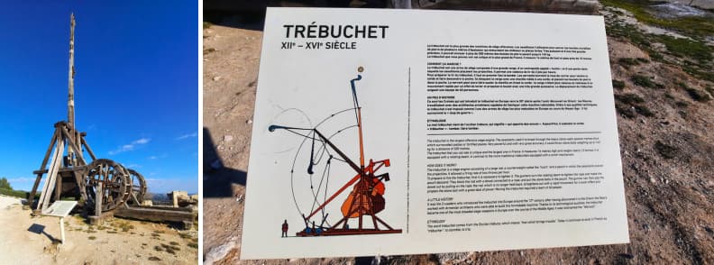 Trebuchet siege engine at the Château des Baux-de-Provence, part of the medieval fortress with views of the Alpilles in southern France