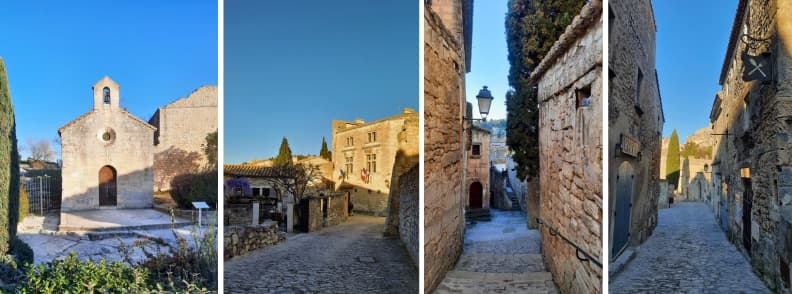 Chapelle Saint-Blaise and cobbled streets of Les Baux-de-Provence with stone houses and medieval village atmosphere in the Alpilles