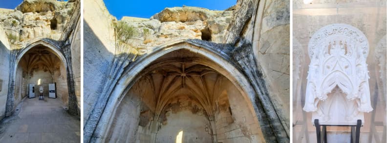 Interior of the Chapelle Sainte-Catherine at the Château des Baux-de-Provence with Gothic rib vaults and carved decoration