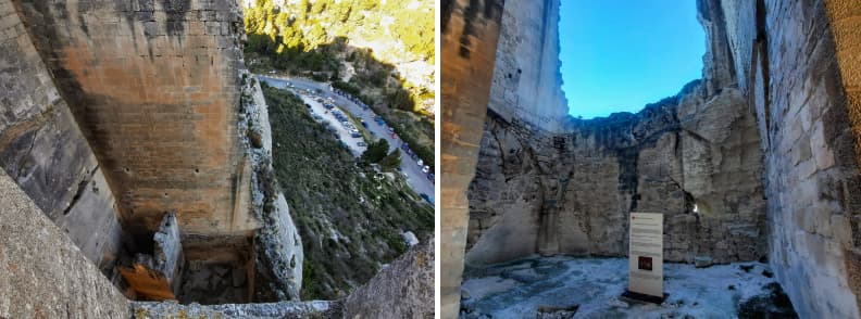 Interior and exterior views of the donjon at the Château des Baux-de-Provence, part of the medieval fortress ruins in the Alpilles