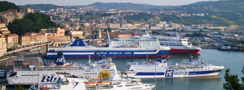 Ferries docked at Ancona port for Italy to Greece crossings towards Patras and Athens