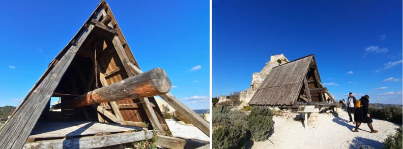 Reconstruction of a medieval battering ram at the Château des Baux-de-Provence, part of the fortress ruins in the Alpilles of southern France