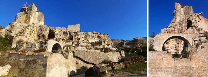 Stone remains of the pigeonnier at the Château des Baux-de-Provence, where pigeons were once raised for food, fertilizer, and messages