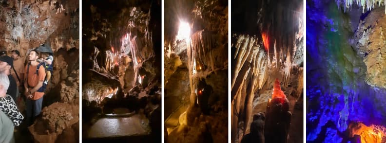 Saint Cezaire cave guided tour highlights Provence Collage of guided tour highlights inside Saint Cezaire cave showing stalactites, illuminated formations, and the fluorescent waterfall