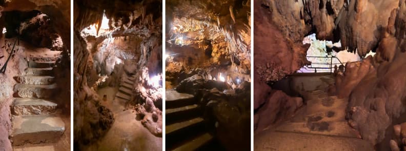 Saint Cezaire cave stairs and underground passages Provence Collage of stairways and illuminated galleries inside Saint Cezaire cave showing different underground passages