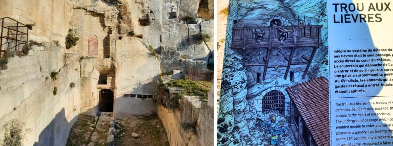 Entrance to the Trou aux Lièvres underground passage at the Château des Baux-de-Provence with illustration explaining its defensive role