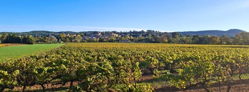 Carces Village View Vineyards Provence Verte View of Carcès village in Provence France across sunlit vineyards and rolling hills under a clear blue sky.