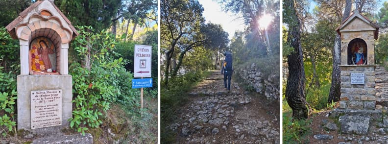 Chemin des Pelerins Cotignac Path to Notre Dame de Graces Pilgrim path to the Sanctuary of Notre-Dame de Grâces in Cotignac France with stone oratories, forest trail, and hiker carrying a child in a carrier.