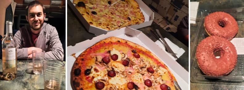 La Storia 2 Martigues pizza Etang de Berre food guide Mirela Letailleur The Travel Bunny and Mathieu Letailleur enjoying pizza and rosé wine from La Storia 2 in Martigues, France, with takeaway boxes and chocolate donuts for dessert during a quiet evening near the Étang de Berre.