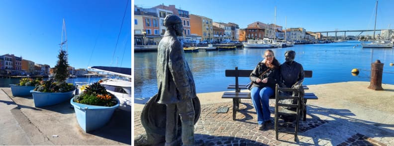 Mirela Letailleur The Travel Bunny by the statue Le Pecheur et la Ramendeuse Martigues Etang de Berre Provence Statue The Fisherman and the Mender or Le Pêcheur et la Ramendeuse in Martigues, France, showing bronze figures by the canal with colorful waterfront houses and boats on the Étang de Berre.