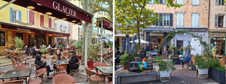 Photography Cours Gambetta Cotignac Cafes and Art Shops Provence Cafés and art shops along Cours Gambetta in Cotignac France with people enjoying drinks on outdoor terraces shaded by plane trees.