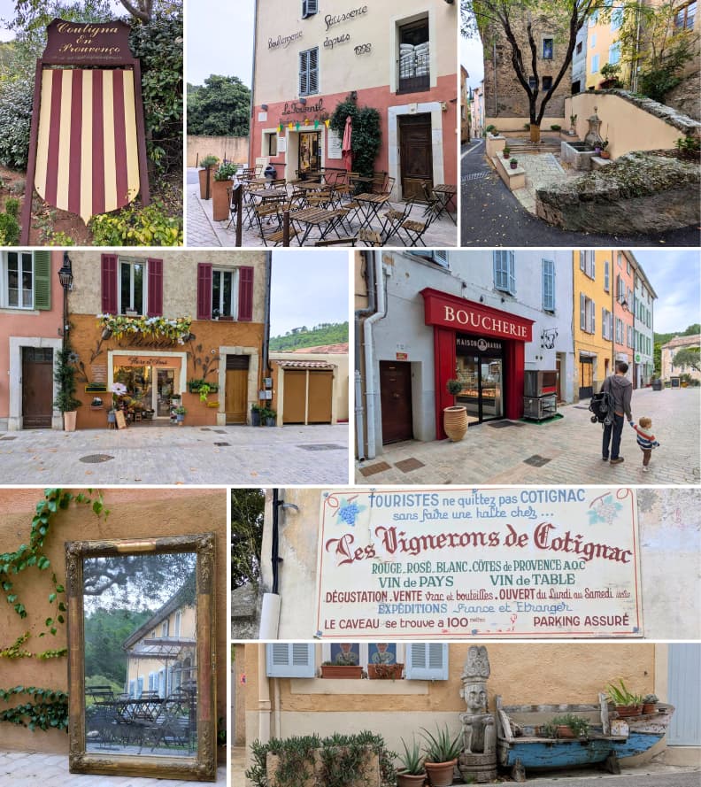Places to see in Cotignac Village Shops and Les Vignerons de Cotignac Walking in Cotignac France past boulangerie, flower shop, boucherie, cafés, shops, and the wine cooperative Les Vignerons de Cotignac on the way back to the camper.