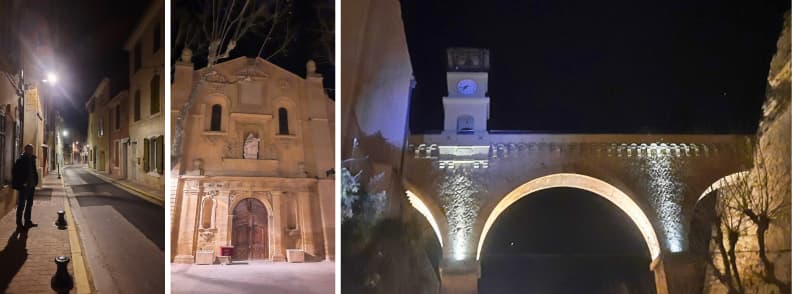 Saint Chamas by night Etang de Berre Provence travel Alt text:
Night views of Saint-Chamas, France, showing quiet streets, the illuminated Chapelle de la Miséricorde, and the clock-topped Aqueduct de l’Horloge above the town near the Étang de Berre.