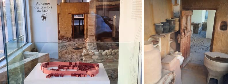 Village Gaulois du Midi Martigues archaeology Etang de Berre Exhibit of the Village Gaulois du Midi in Martigues showing reconstructed clay houses, pottery, and a scale model of the ancient Gaulish settlement.