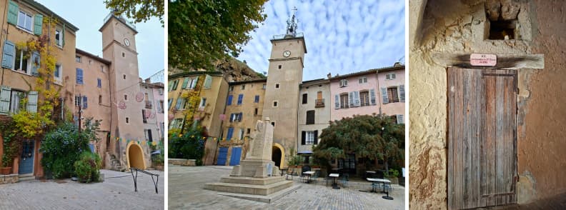 Visit Cotignac Clock Tower Campanile Tour Horloge First Post Office Provence Clock tower and war memorial on Place de la Mairie in Cotignac France with pastel houses, plus the old wooden door of the first village post office from 1703.