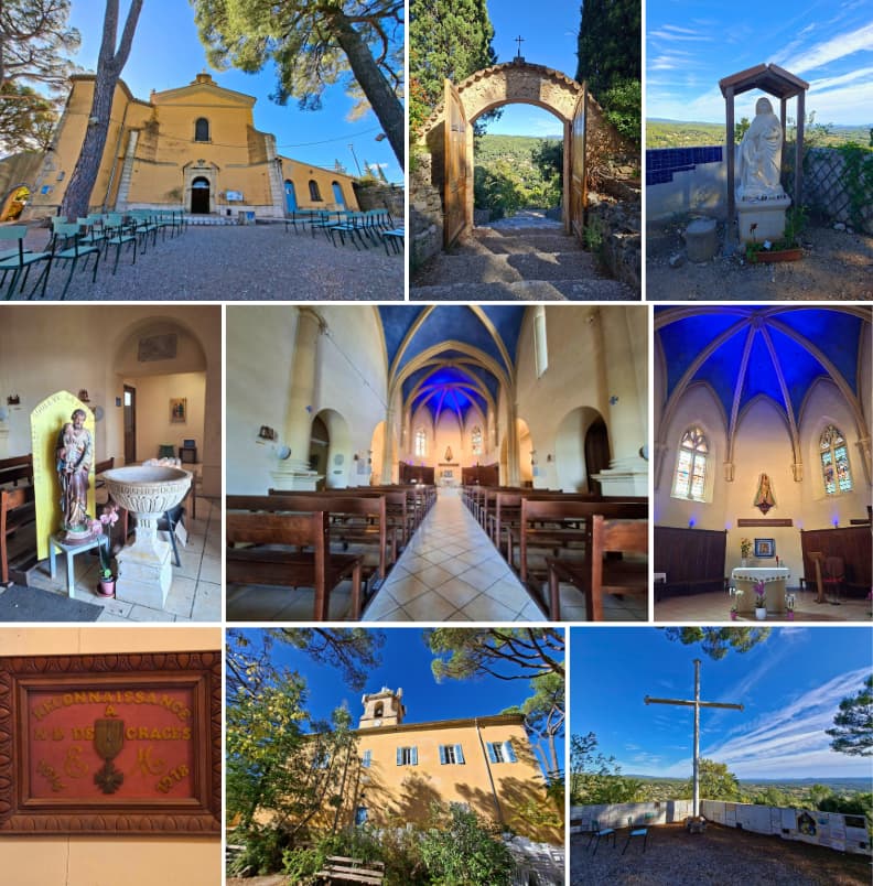 Visit Sanctuary of Notre Dame de Graces Cotignac Interior and View Interior and exterior views of the Sanctuary of Notre-Dame de Grâces in Cotignac France showing the chapel, statues, cross, and panoramic surroundings.
