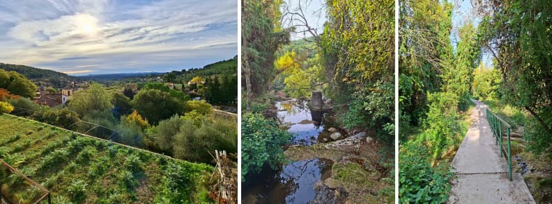 Visiting Cotignac Cascade Hike Cassole River Trail Provence Views from Cotignac France including vineyards, Cassole River stream, and the forest path leading to the Cascade trail behind the mairie.