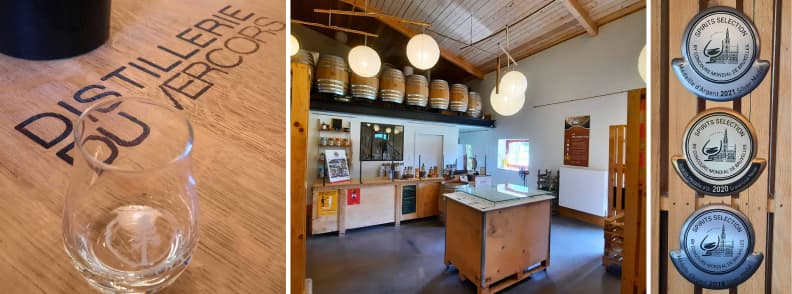 Distillerie du Vercors tasting room Sequoia whisky awards France tasting room and award display at Distillerie du Vercors in Saint Jean en Royans with Sequoia whisky medals and barrels