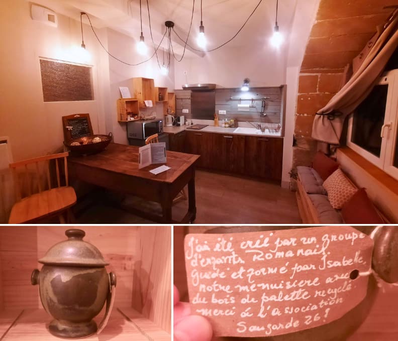 La Chaumiere BedinShop Romans sur Isere eco apartment interior interior of La Chaumiere apartment in Romans sur Isere showing kitchen dining area and detail of handmade pottery with story tag