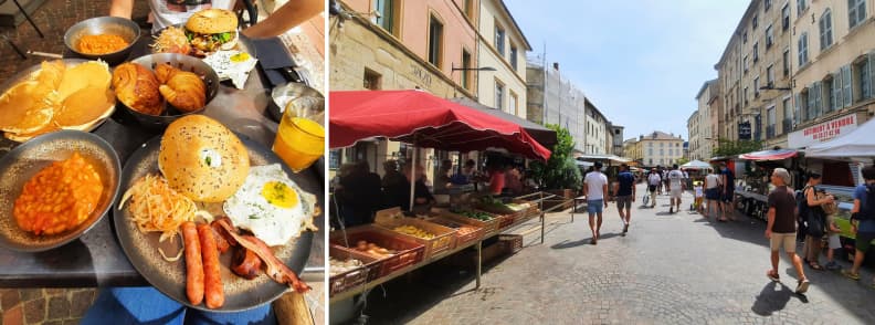 Le Jakadi brunch Romans sur Isere Sunday market Drome brunch at Le Jakadi restaurant with full breakfast plates and view of the Sunday market in Romans sur Isere