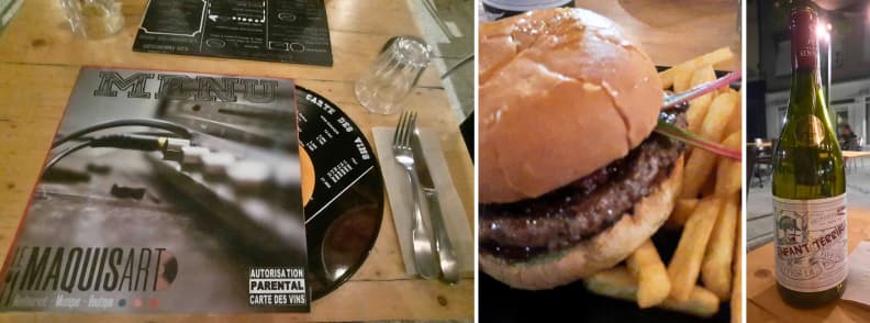 Le Maquisart where to eat in Romans sur Isere restaurant burgers wine music dinner at Le Maquisart in Romans sur Isere with burger fries and a bottle of Enfant Terrible Cotes du Rhone wine
