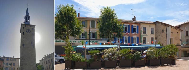 Tour Jacquemart Romans sur Isere historic tower and terrace Tour Jacquemart clock tower in Romans sur Isere with nearby café terrace under blue sky