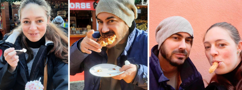 Mathieu and Mirela Letailleur from The Travel Bunny enjoying local food together at a street market in La Garde, France.