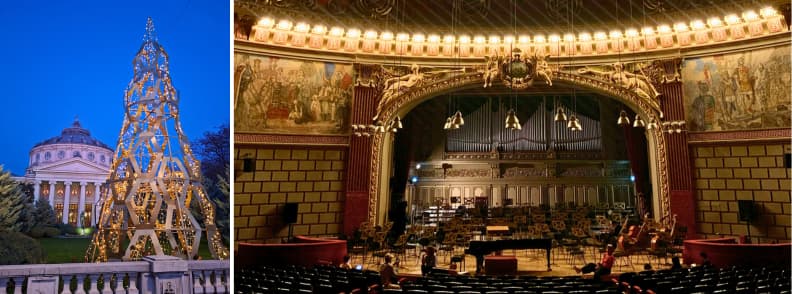 Romanian Athenaeum exterior with Christmas tree and interior concert hall prepared for holiday performances in Bucharest.