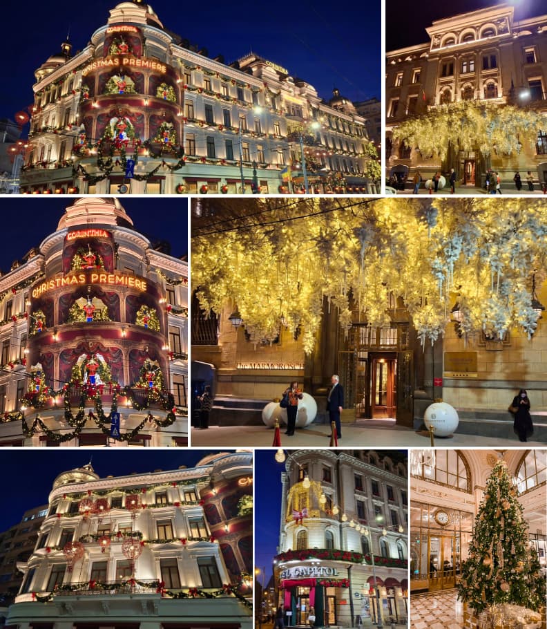 Corinthia Grand Hotel du Boulevard, The Marmorosch Bucharest, and Hotel Capitol illuminated with elaborate Christmas decorations, including facade lighting, garlands, and lobby displays.