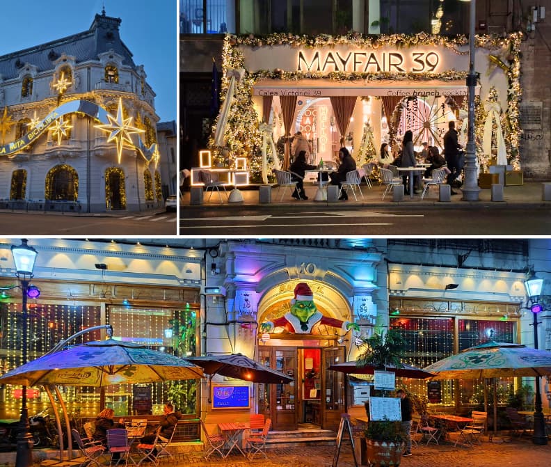 La Mita Biciclista in Piața Amzei, Mayfair 39 on Calea Victoriei, and Bazaar in Bucharest Old Town decorated with elaborate Christmas lights and ornaments in December.