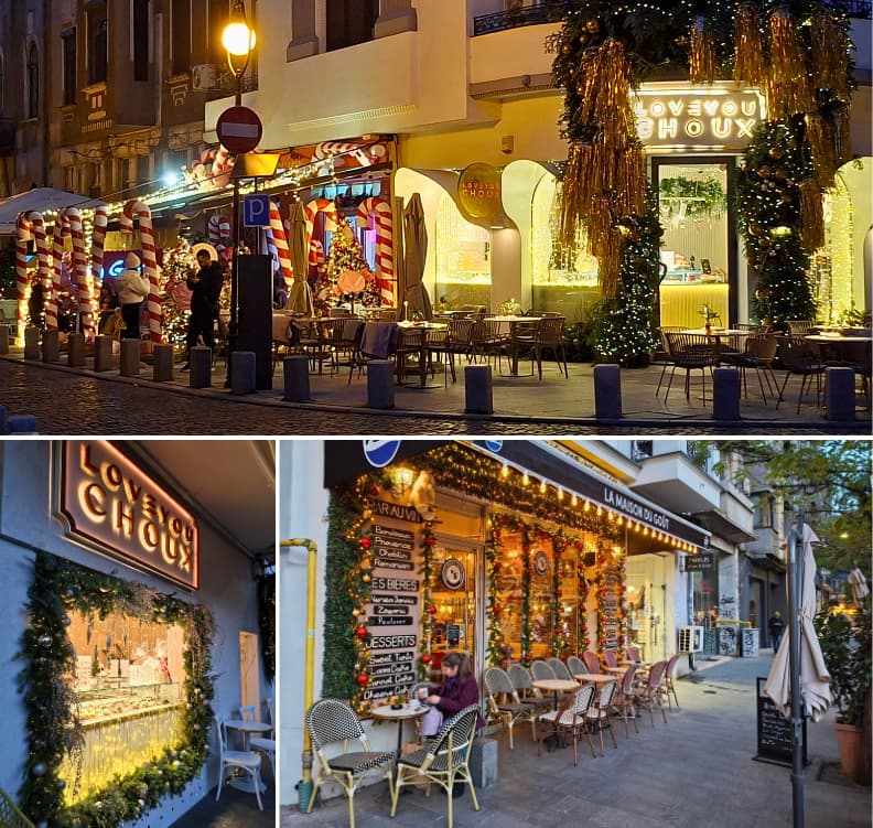 Love You Choux, Mara Mura, and Maison du Goût on Calea Victoriei decorated with Christmas lights and ornaments in Bucharest.