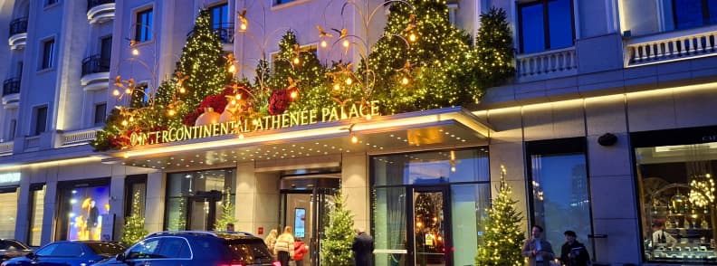 InterContinental Athenee Palace Bucharest entrance with Christmas decorations and its 1 Michelin Key rating.