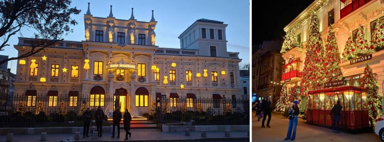 Știrbei Palace illuminated with warm Christmas lights and Atelier Iris decorated with oversized festive garlands and trees in central Bucharest.