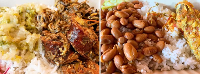 Traditional Reunion Island cari served with rice, beans, and Creole side dishes