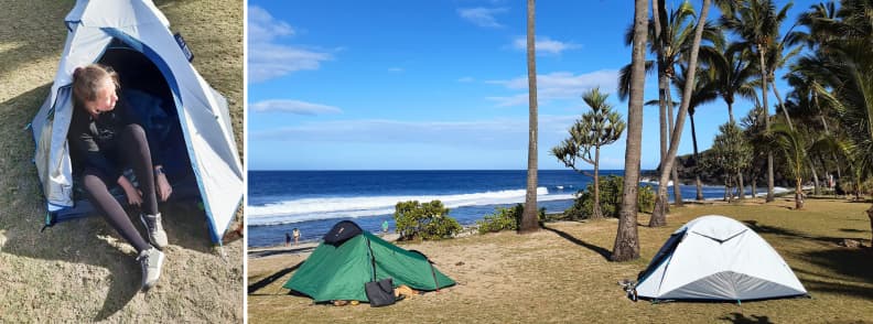 The Travel Bunny Mirela Letailleur waking up in a tent after camping overnight at Grande Anse beach on Réunion Island