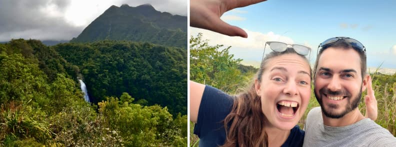 Mirela and Mathieu Letailleur The Travel Bunny smiling near Cascade du Chien waterfall viewpoint on Reunion East Coast