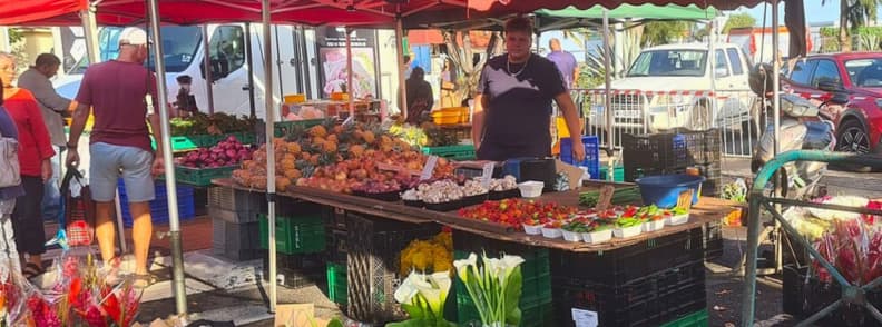Fruit and vegetable stalls at the Saint-Pierre market on Réunion Island with vendors and shoppers