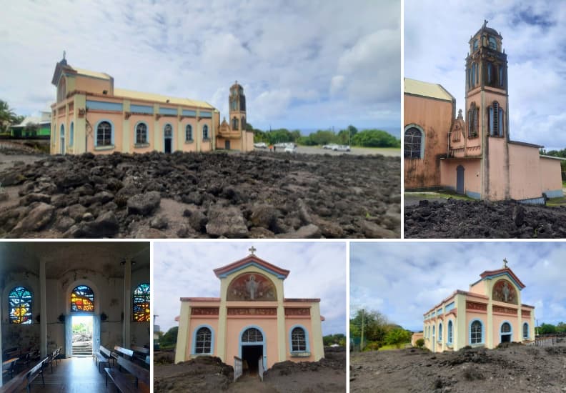 Notre Dame des Laves church interior and exterior in Sainte Rose Reunion surrounded by 1977 lava flow
