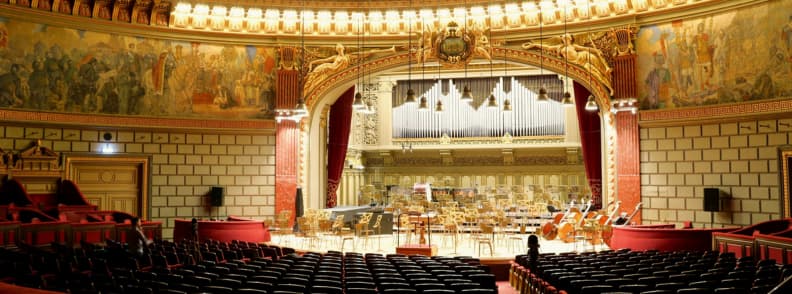 Bucharest at night without partying inside the Romanian Athenaeum concert hall, orchestra stage and elegant interior before a performance