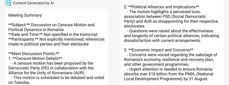 Timekettle W4 AI Interpreter Earbuds AI-generated summary from Romanian news translation displayed on smartphone screen.
