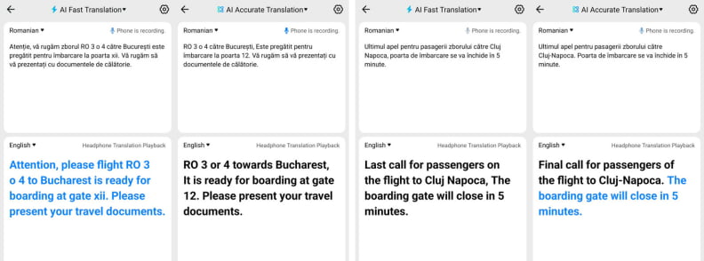 Timekettle W4 AI Interpreter Earbuds translation comparison showing fast and accurate AI results for Romanian airport announcements.