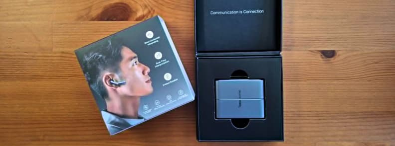 Timekettle W4 AI Interpreter Earbuds box contents with charging case inside packaging showing build quality and included accessories.