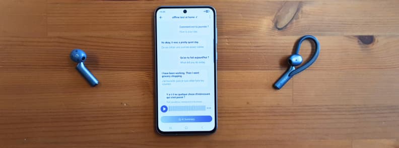 Timekettle W4 AI Interpreter Earbuds with smartphone showing offline translation conversation in real use.