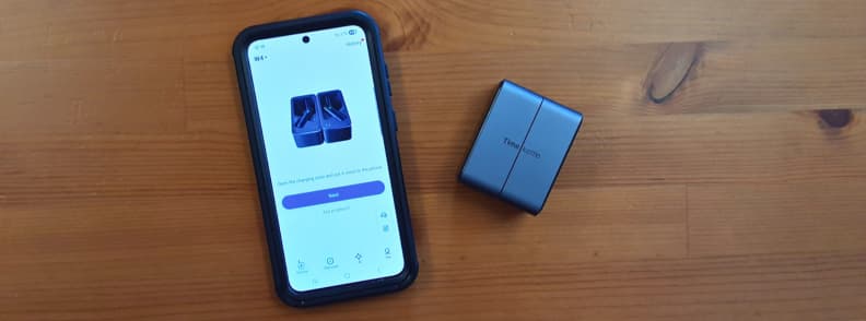 Timekettle W4 AI Interpreter Earbuds connected to smartphone app showing setup screen and Bluetooth pairing process.