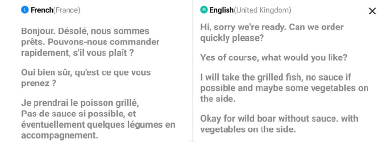 Timekettle W4 AI Interpreter Earbuds translation app showing French to English restaurant conversation with mistranslation of grilled fish.