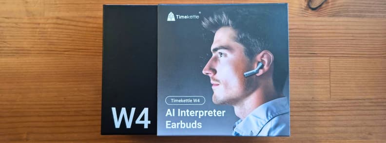 Timekettle W4 AI Interpreter Earbuds box packaging showing product design for translation earbuds and travel language gadget unboxing.