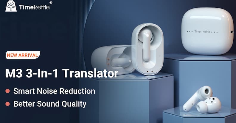 Timekettle M3 translator earbuds with charging case displayed for comparison with Timekettle W4 translation earbuds.